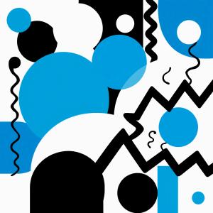 Memphis design of bold geometric shapes dance in vibrant blue and black against a stark white background showcasing modern art
