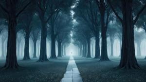 Mysterious figure walking through a misty forest path lined with towering trees