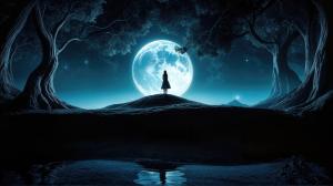 Enchanting moonlit night captures a figure standing by the serene waters under the luminous glow of the full moon