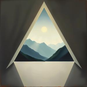 Captivating mountain landscape framed by a geometric design at dawn with a serene atmosphere