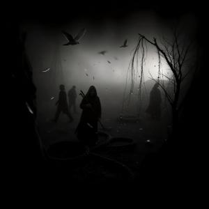 Mysterious figures traverse a fog-laden landscape under a ghostly light at twilight