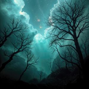 Mysterious twilight forest reveals cosmic wonders amidst dark trees