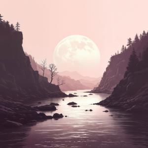 Ethereal twilight embrace over a tranquil river valley illuminated by a full moon