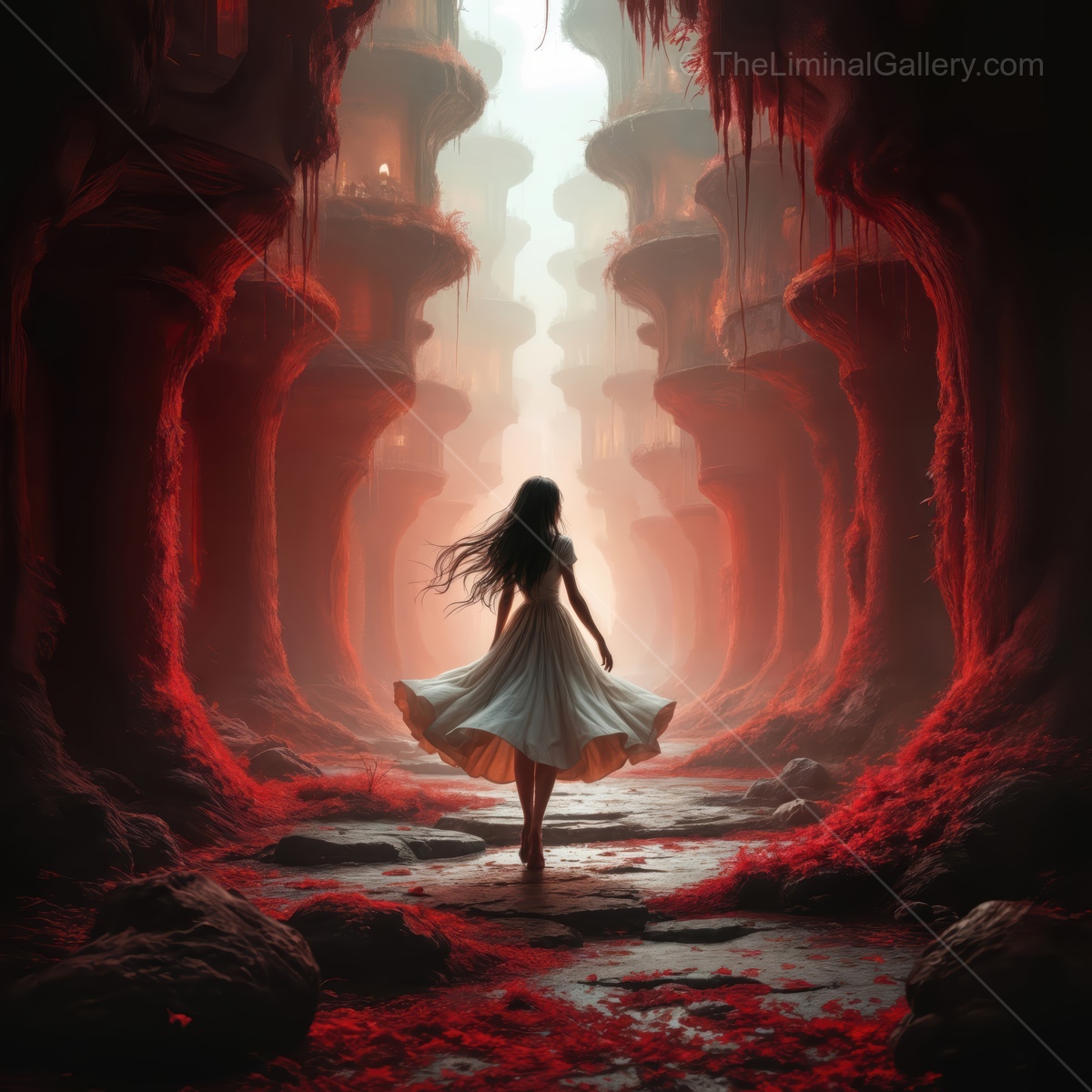 Explore the enchanting and mystical path of an otherworldly journey in a surreal landscape inspired by Alice in Wonderland