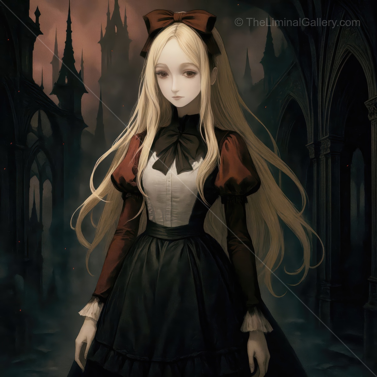 Ethereal Alice in a dark fantasy realm reminiscent of Wonderland's enchanting atmosphere