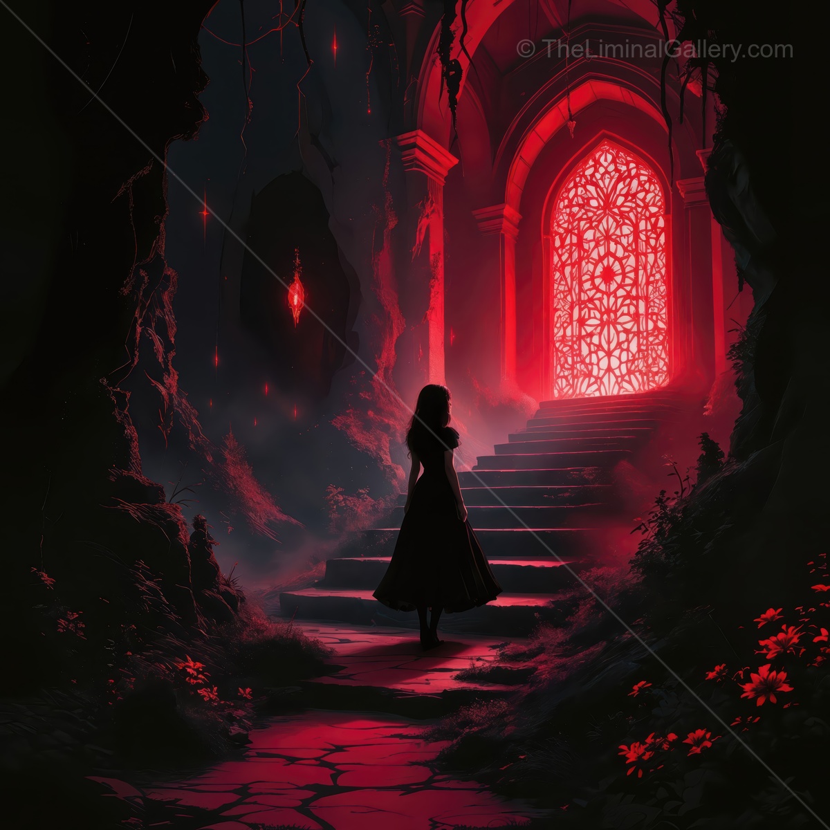 Venture into the magical world of Alice amid dark shadows and glowing red light