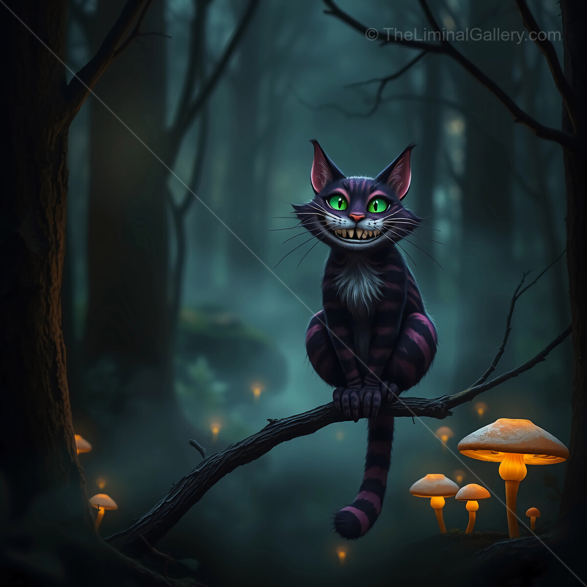 Alice in Wonderland: Whimsical Cheshire cat with an enchanting grin perched on a branch in a mystical forest at twilight