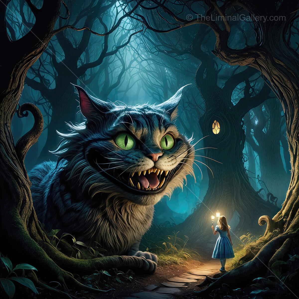 Alice in Wonderland: Curious Alice explores a mystical forest with the Cheshire Cat companion under a full moon