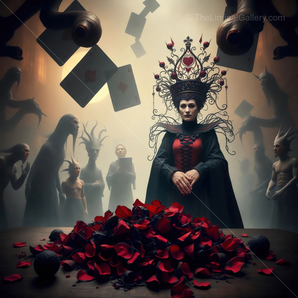 Alice in Wonderland: Dark queen of hearts presides over a surreal gathering in a mysterious realm filled with shadows and roses