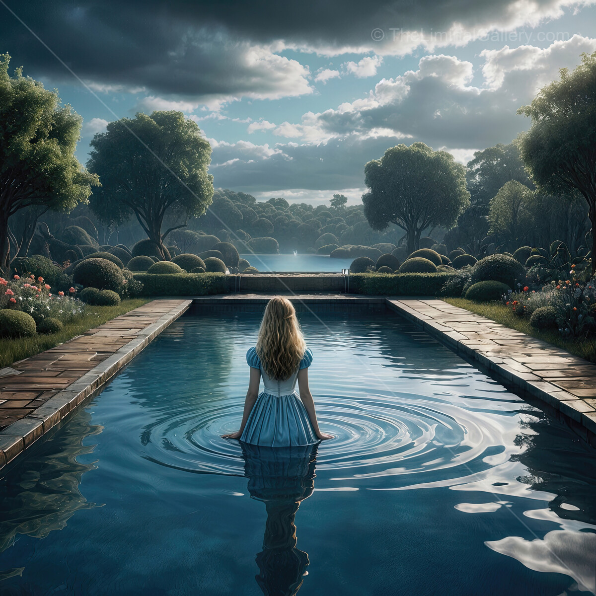Alice in Wonderland: Dreamlike exploration of a tranquil pool surrounded by lush gardens at dusk