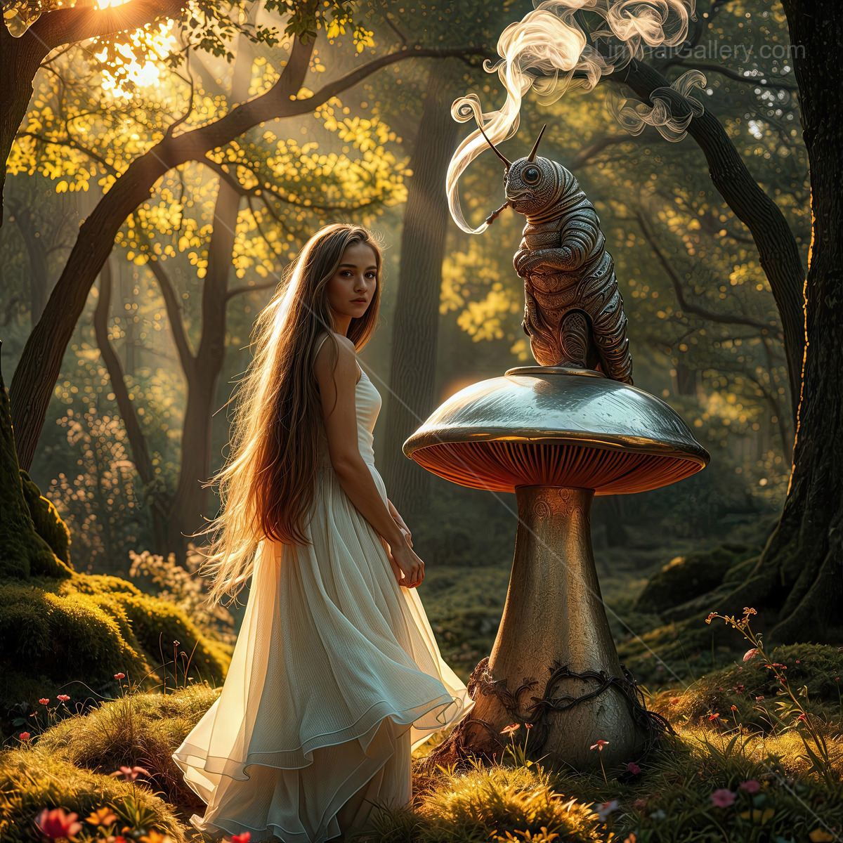 Alice in Wonderland: Enchanted forest gathering featuring Alice in white gown beside a giant mushroom and mysterious caterpillar with smoke