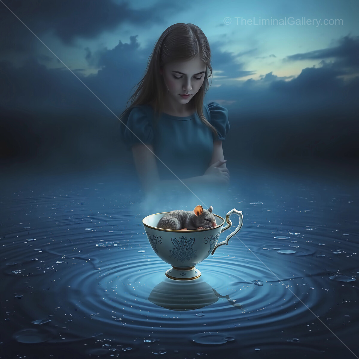 Alice in Wonderland: Enchanting Alice contemplates as a tiny creature rests in a delicate cup under a mystical twilight sky