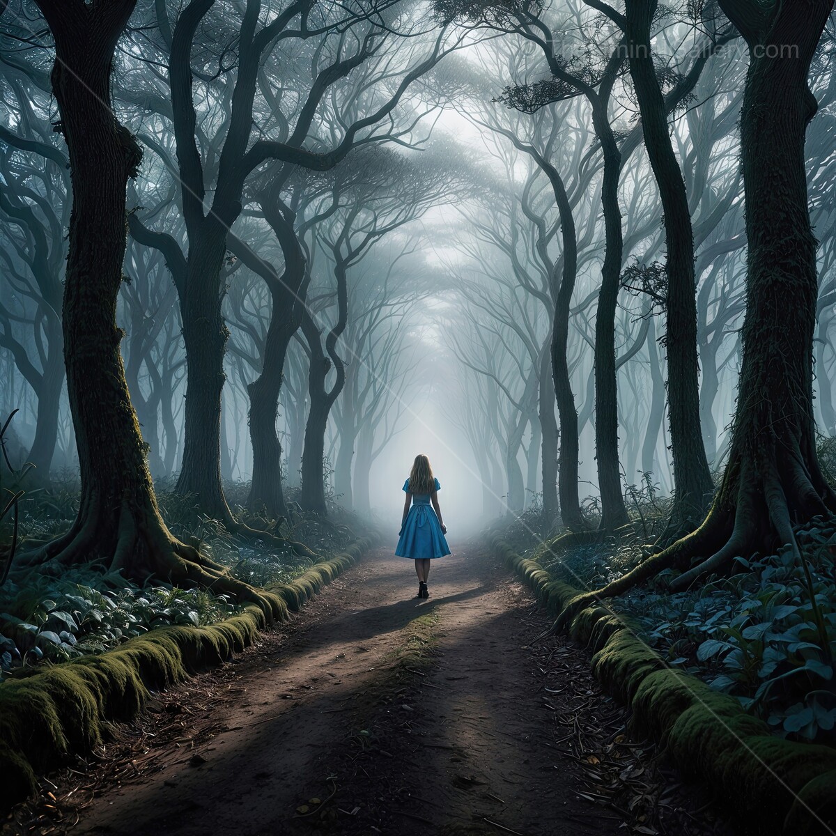 Alice in Wonderland: Mystical journey through an enchanting forest at dawn with Alice in a blue dress