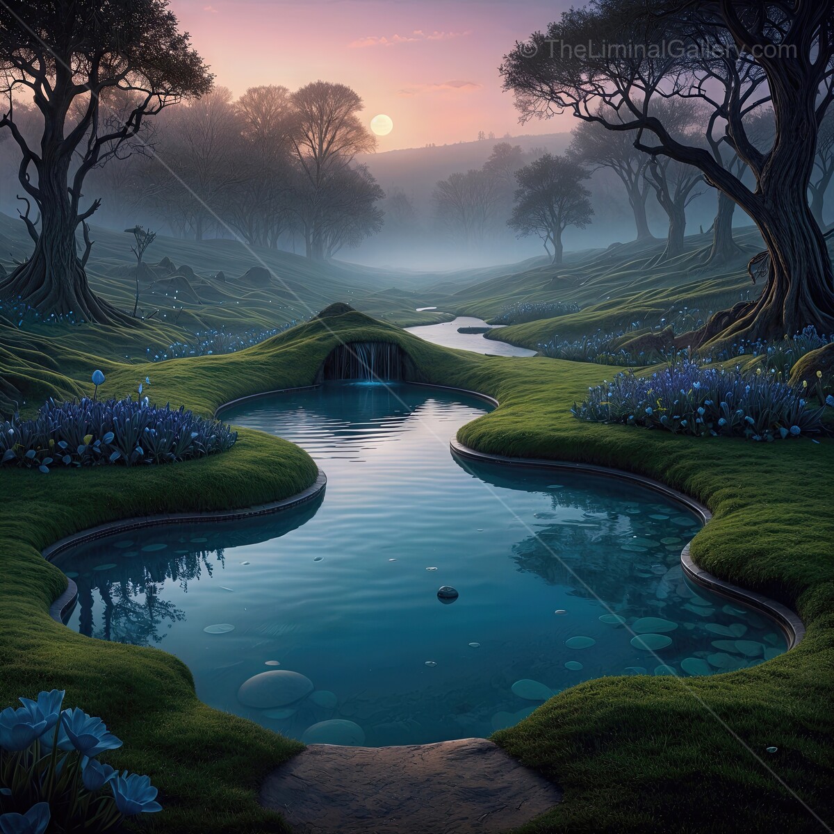 Alice in Wonderland: Enchanting twilight over a serene landscape with gentle waterways and lush greenery