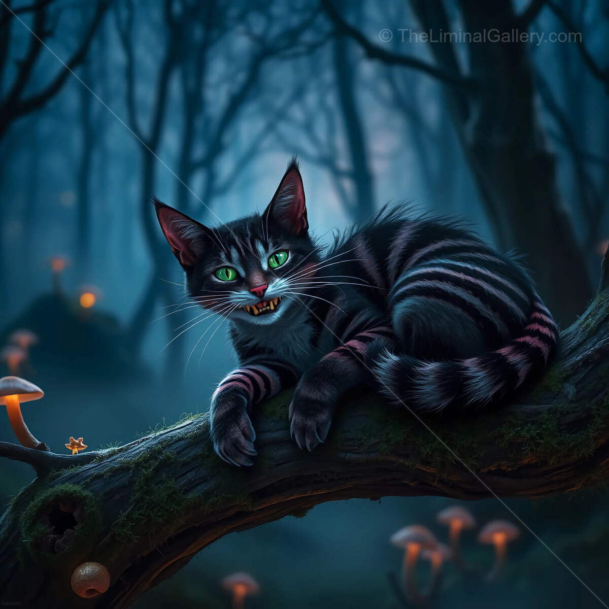 Alice in Wonderland: Mysterious Cheshire cat lounging in an enchanted forest during twilight hours