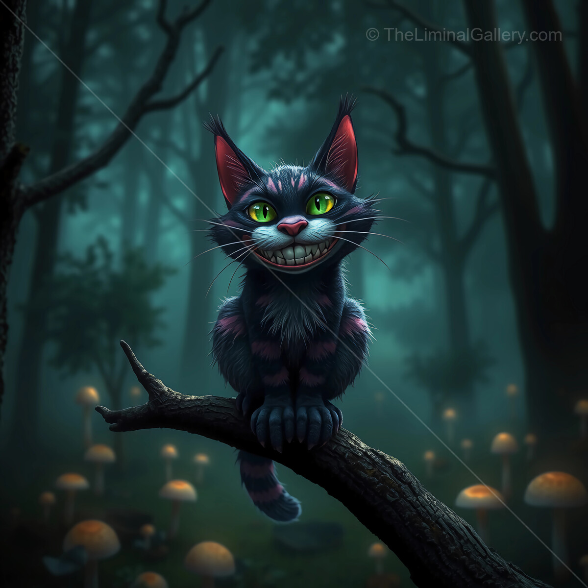 Alice in Wonderland: Mystical Cheshire cat perched on a gnarled branch in an enchanted forest at twilight