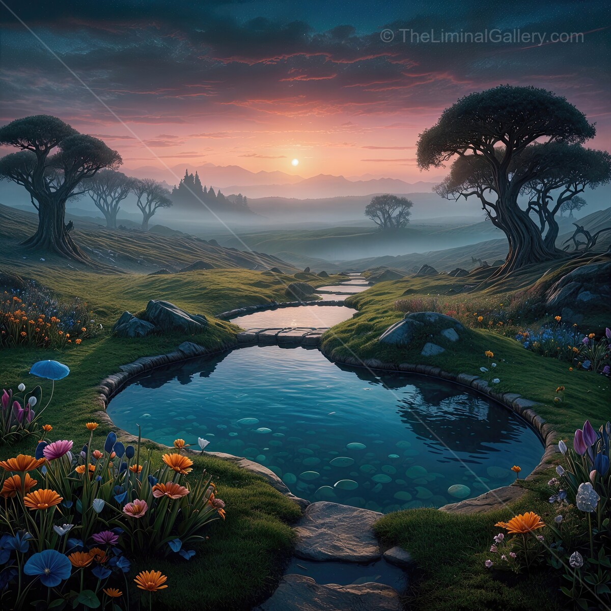 Alice in Wonderland: Enchanting landscape with tranquil ponds under a breathtaking sunset