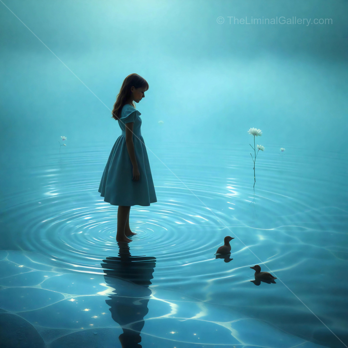 Alice in Wonderland: Young Alice in blue dress wades in serene water, observing playful ducklings on a tranquil day