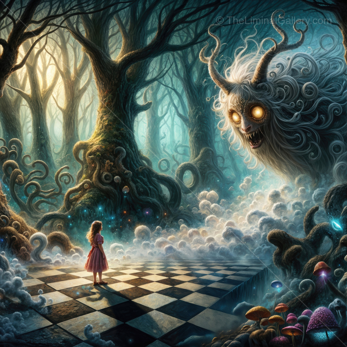 Through the Looking Glass encounter with the mysterious Jabberwocky in an enchanted forest during twilight magic