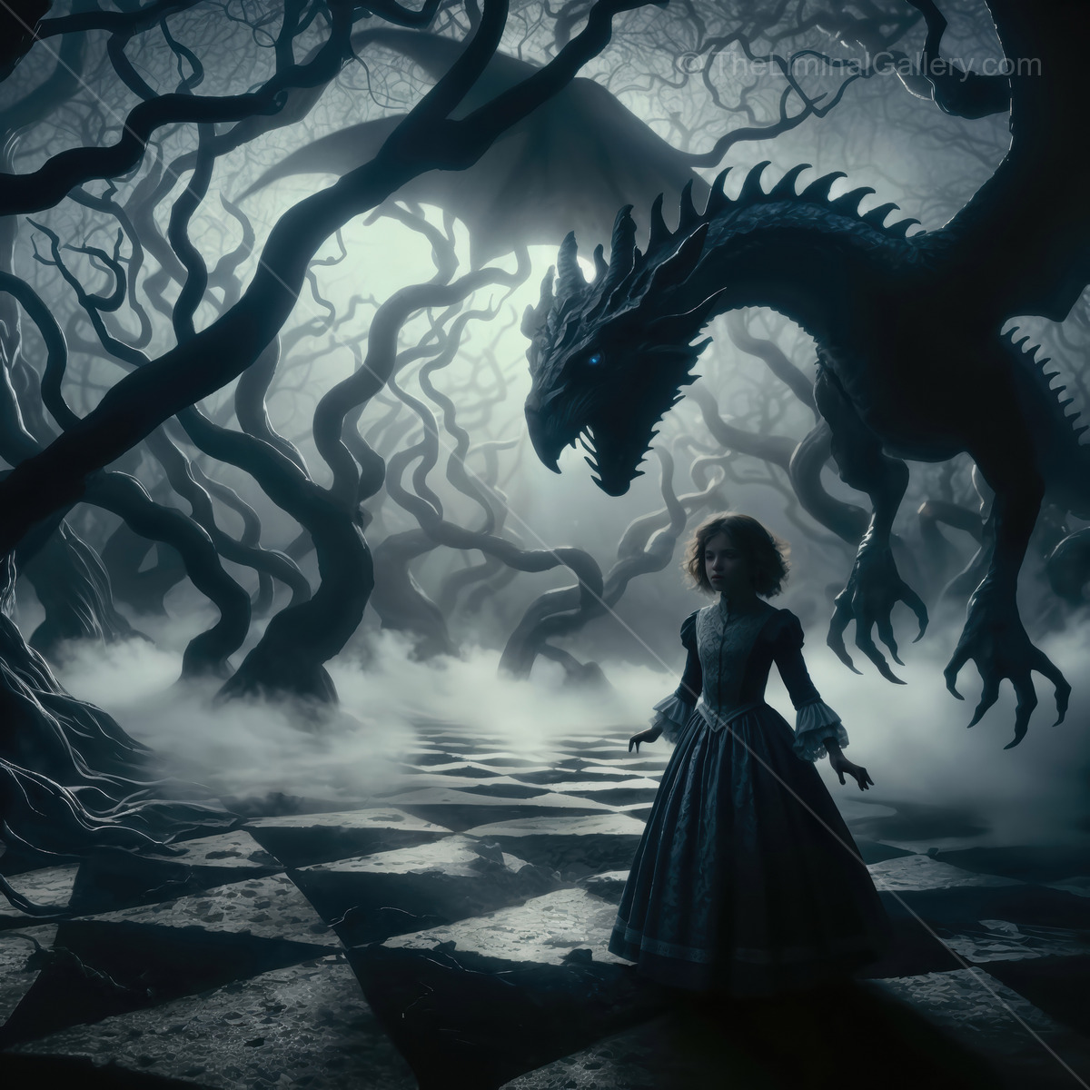 Exploring the mysterious world of Through the Looking Glass with the mystical Jabberwocky and twisted trees