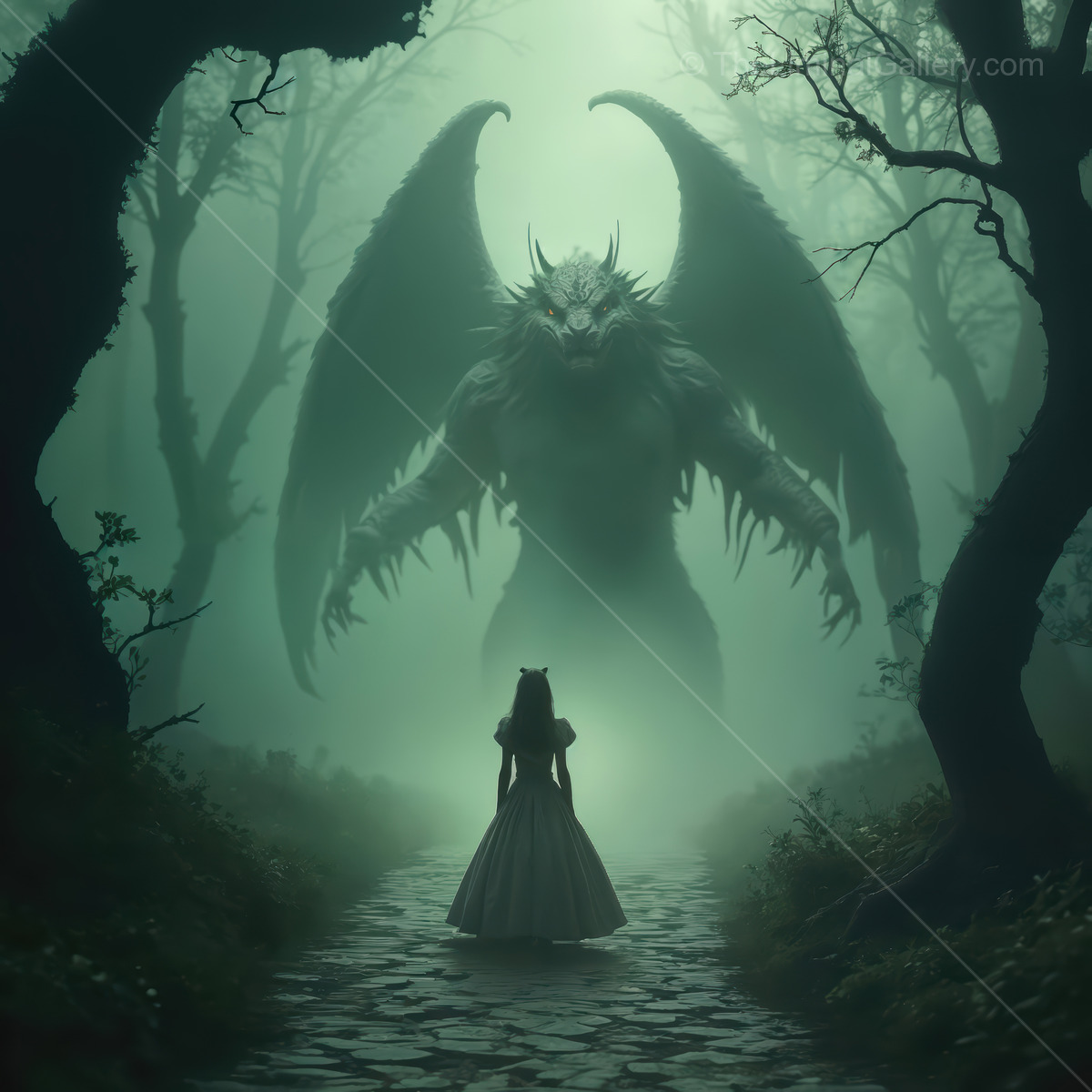 Mysterious encounter in a shadowy forest as Alice stands before the towering Jabberwocky in Alice's dreamlike world