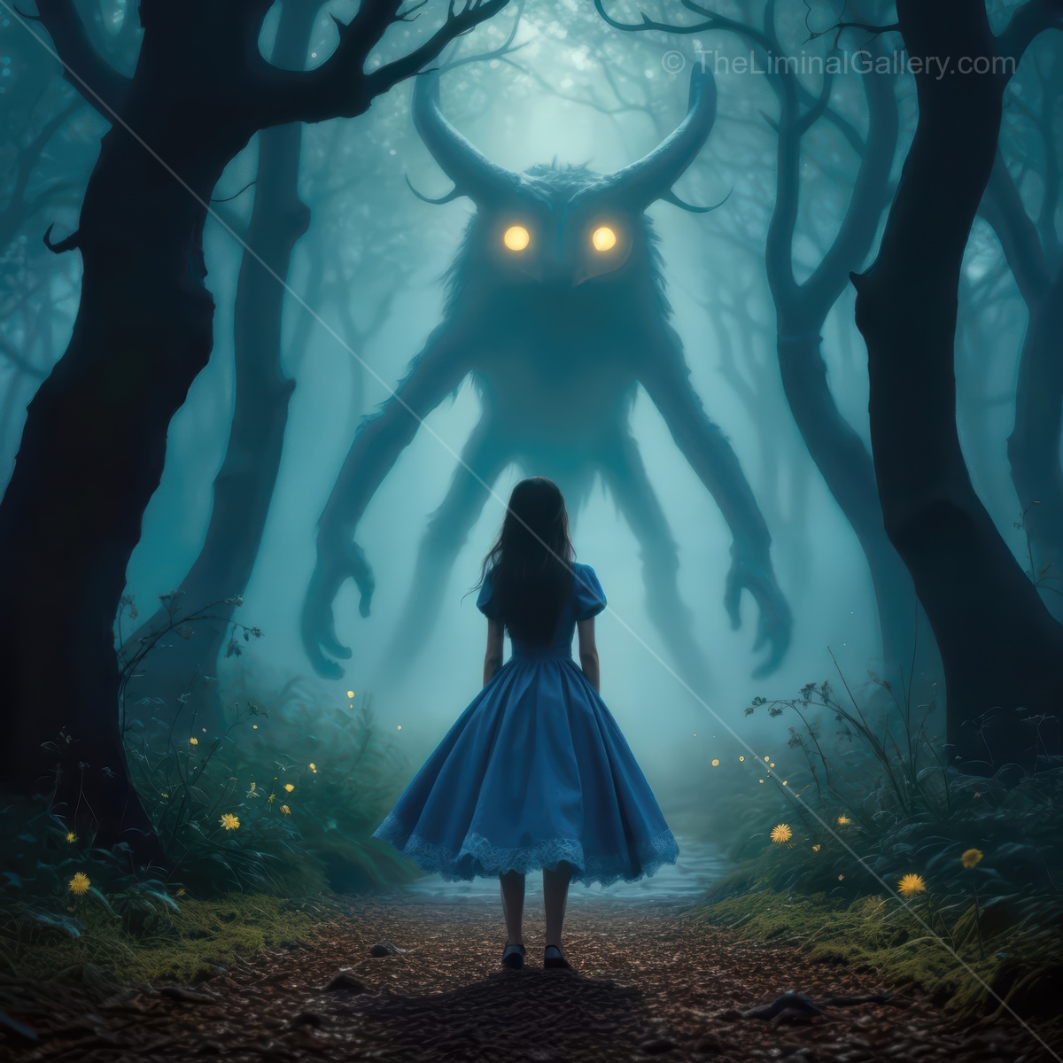 Exploring a mystical forest, Alice encounters the mysterious Jabberwocky under the moonlit sky