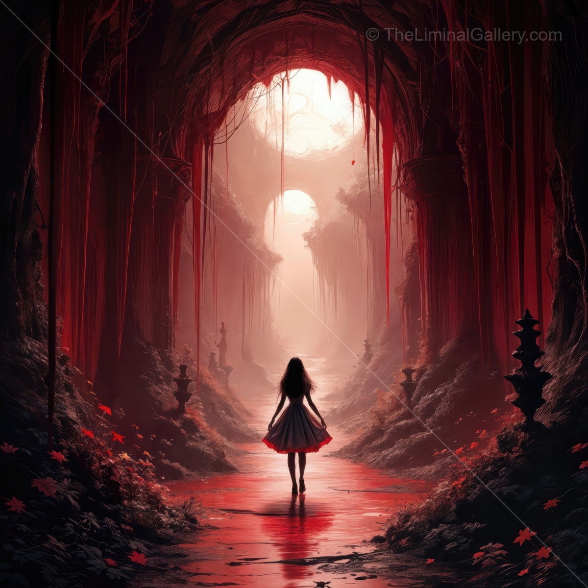 Journey through a mysterious red forest inspired by Alice in Wonderland