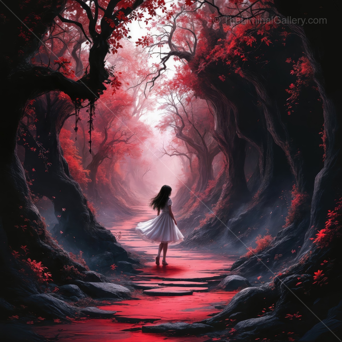 Journey through a mysterious red forest inspired by Alice in Wonderland with a curious Alice in a white dress exploring the enchanting landscape