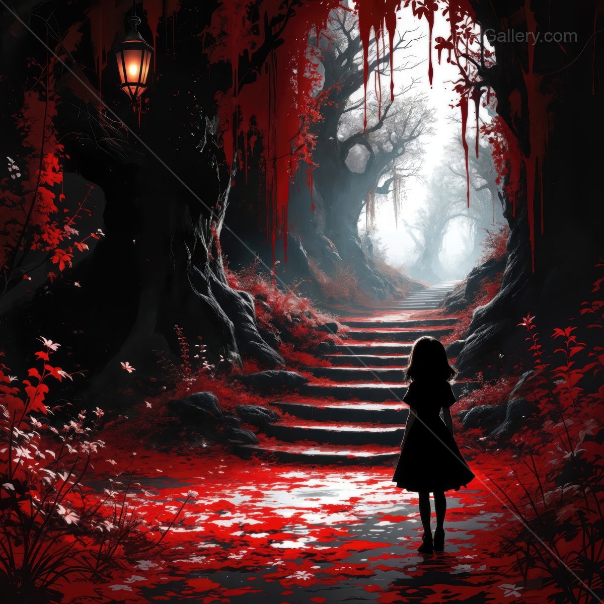 Explore a mystical path where vibrant red leaves and shadows create a surreal journey inspired by wonderland adventures and fantasies