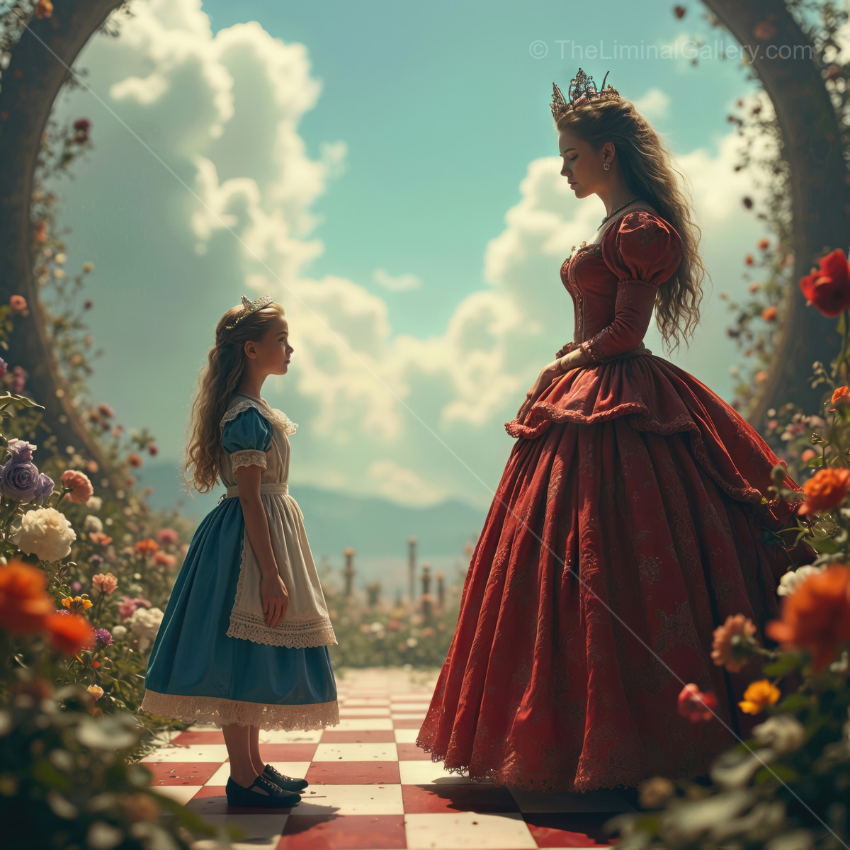Encounter between Alice and the Red Queen in a magical garden of vibrant blooms and whimsical colors