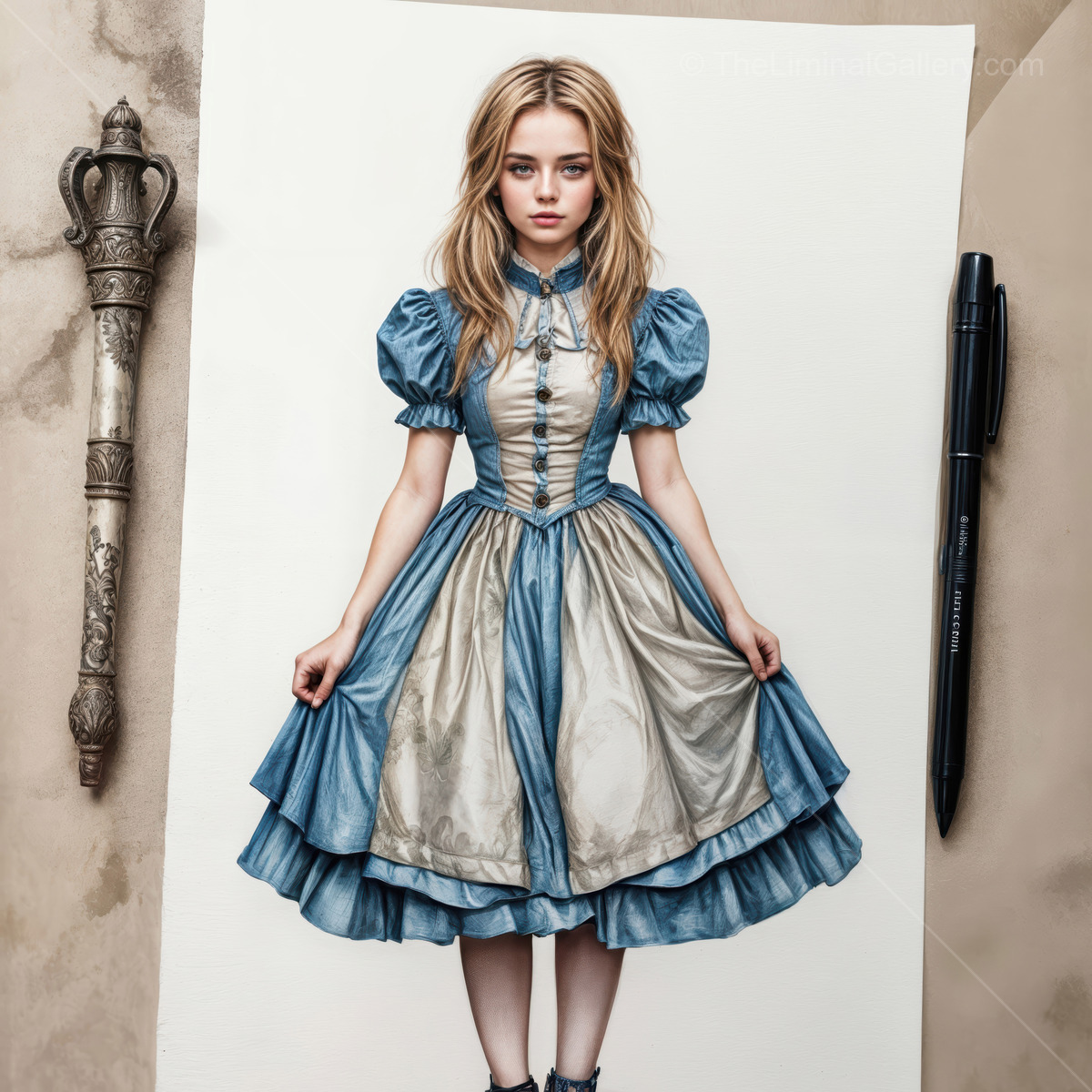 Wonderland character Alice stands in a swirling fantasy world with whimsy and curiosity