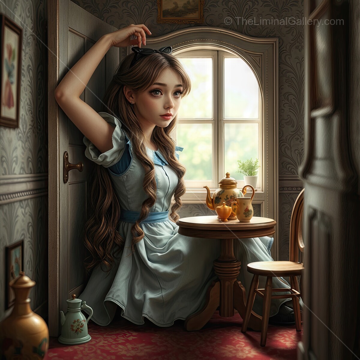 Alice in Wonderland: Charming Alice in blue dress enjoying tea in a whimsical room with sunlight streaming through the window
