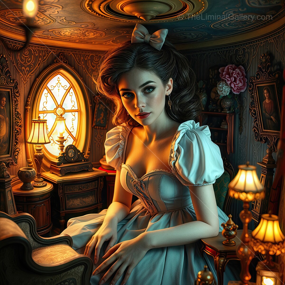 Alice in Wonderland: Magic and elegance in a vintage room filled with warm light and nostalgic charm