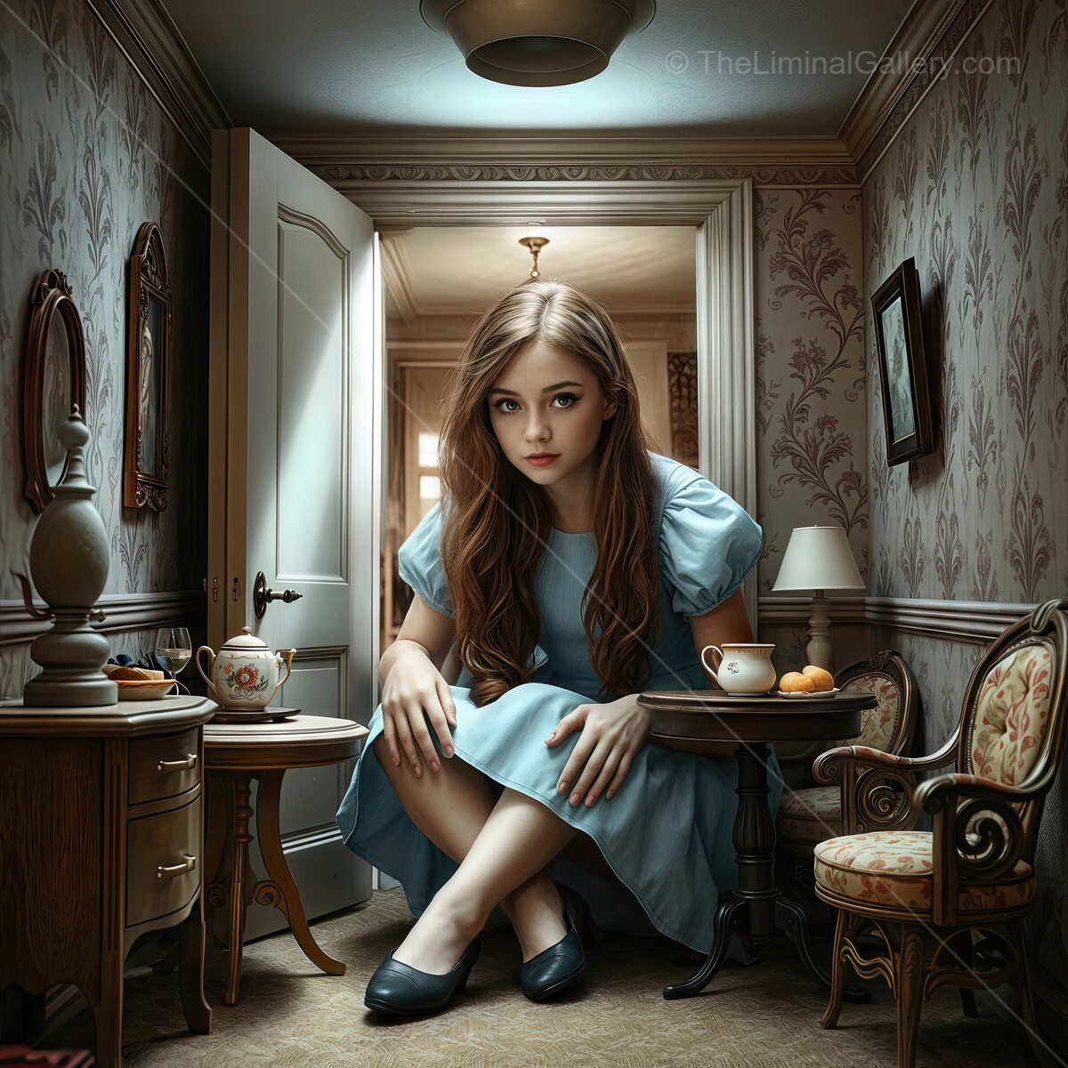 Alice in Wonderland: Alice sits in a surreal miniature room filled with vintage decor and soft lighting