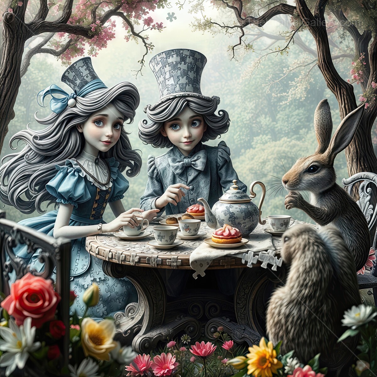 Alice in Wonderland: Tea party with Alice, The Mad Hatter, March Hair and Dormouse, in a magical garden setting