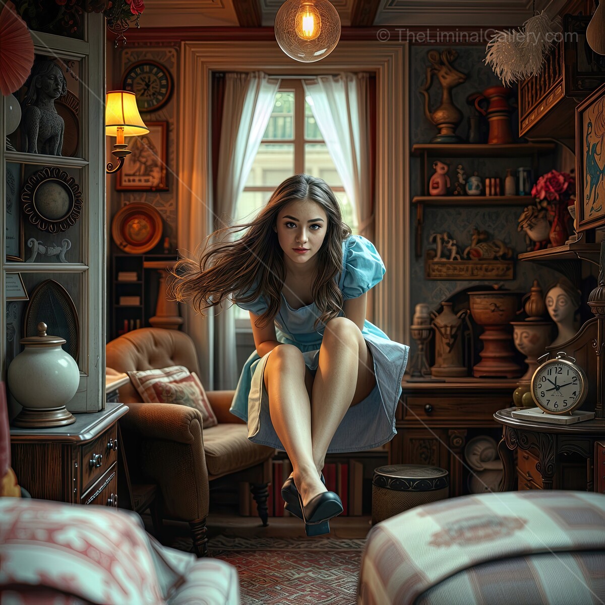 Alice in Wonderland: Alice in blue dress gracefully leaps in a cozy vintage room filled with antiques and warm light during an afternoon