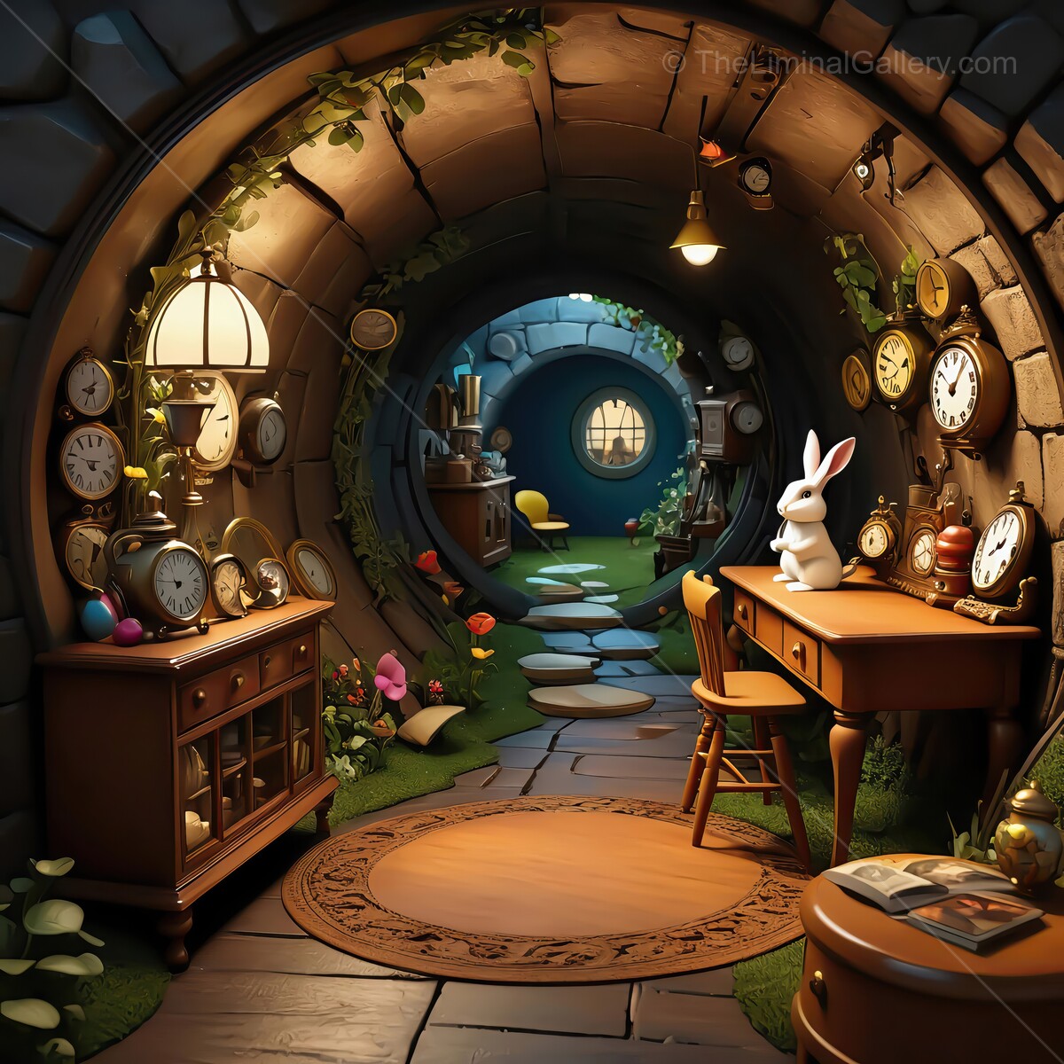 Whimsical rabbit resting in a timekeeper's cozy underground sanctuary filled with clocks and soft light
