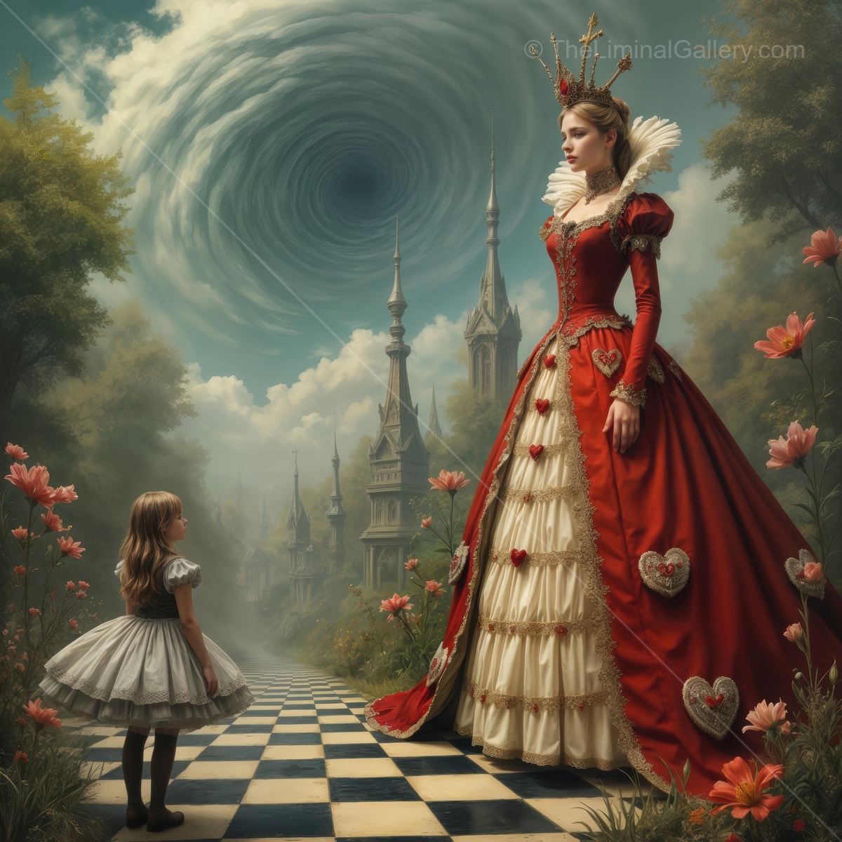 Journey through a fantastical realm with a regal Red Queen and curious girl amidst swirling skies at twilight