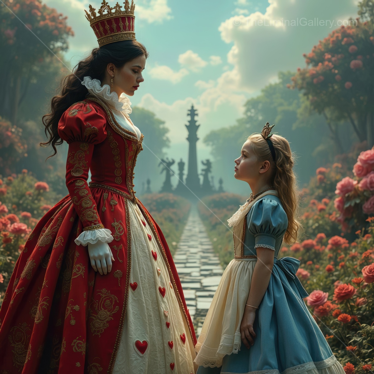 Encounter between the royal Red Queen and curious Alice in a magical rose garden filled with mystery and whimsy