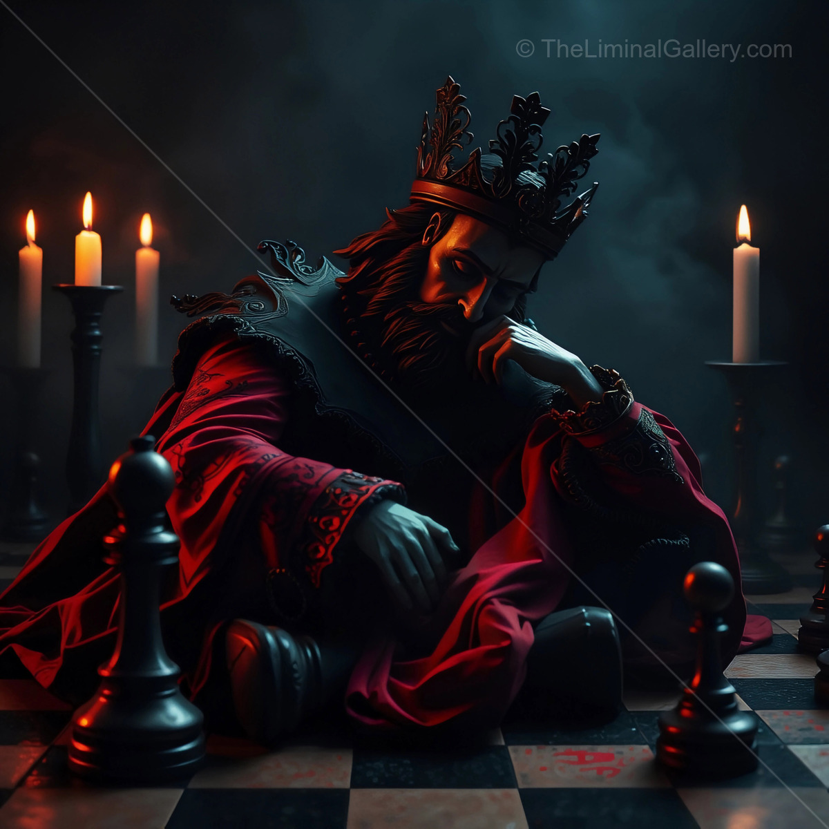 Trapped in a chess game, The Red King from Through the Looking Glass ponders strategy amid candlelight shadows