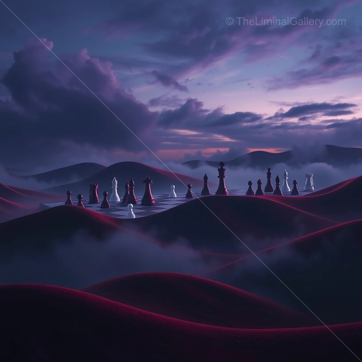 Chess pieces stand tall in an enigmatic landscape at twilight, captivating the imagination of all who gaze upon them