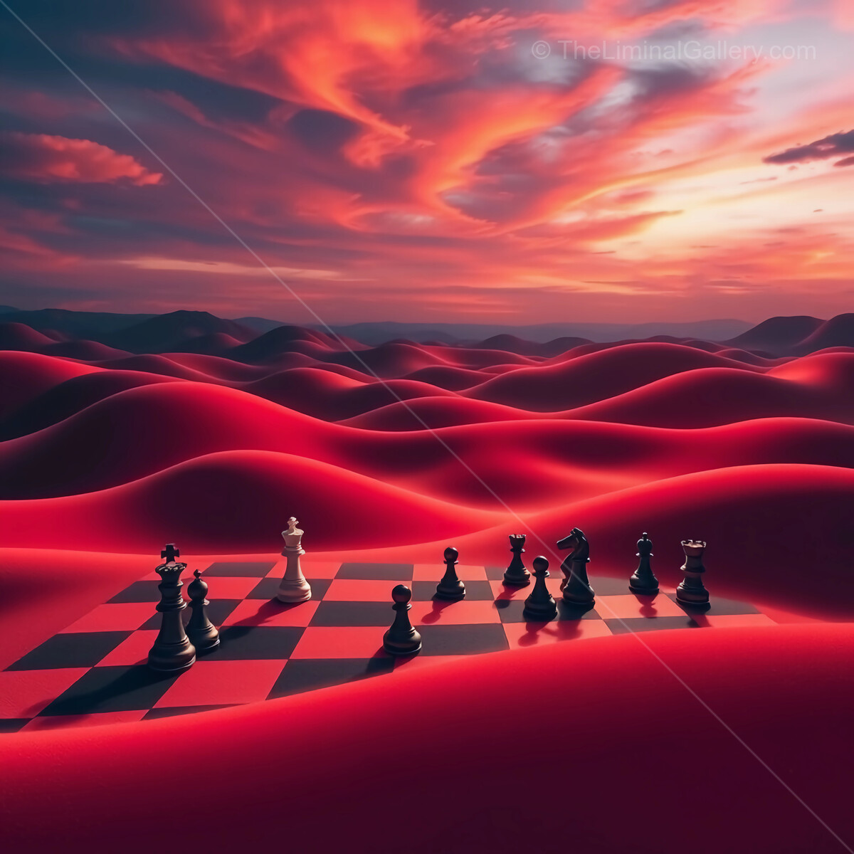 Beauty of strategy unfolds on a chessboard beneath a breathtaking sunset over rolling crimson dunes