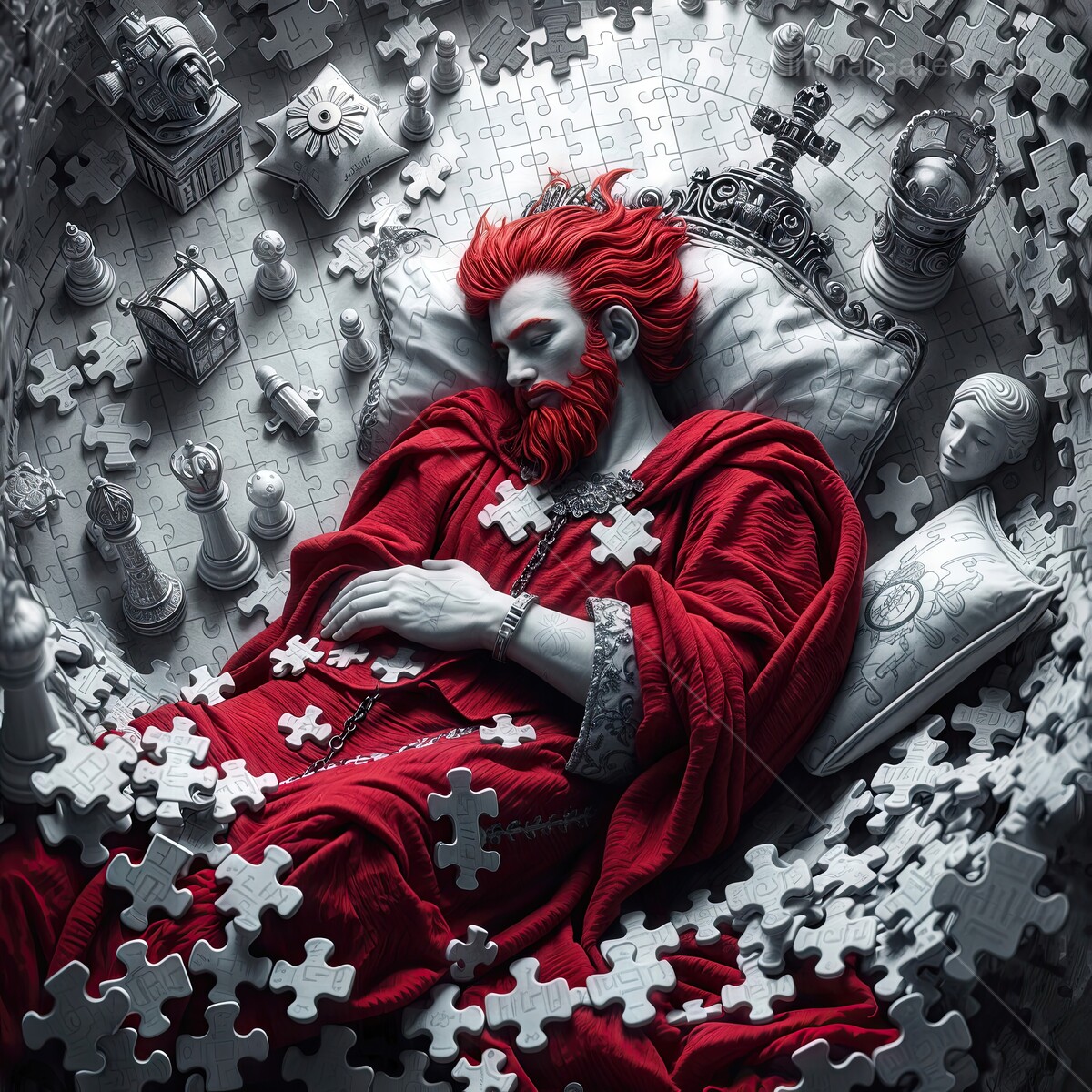 The Red King sleeping, surrounded by scattered puzzle pieces in a royal chamber
