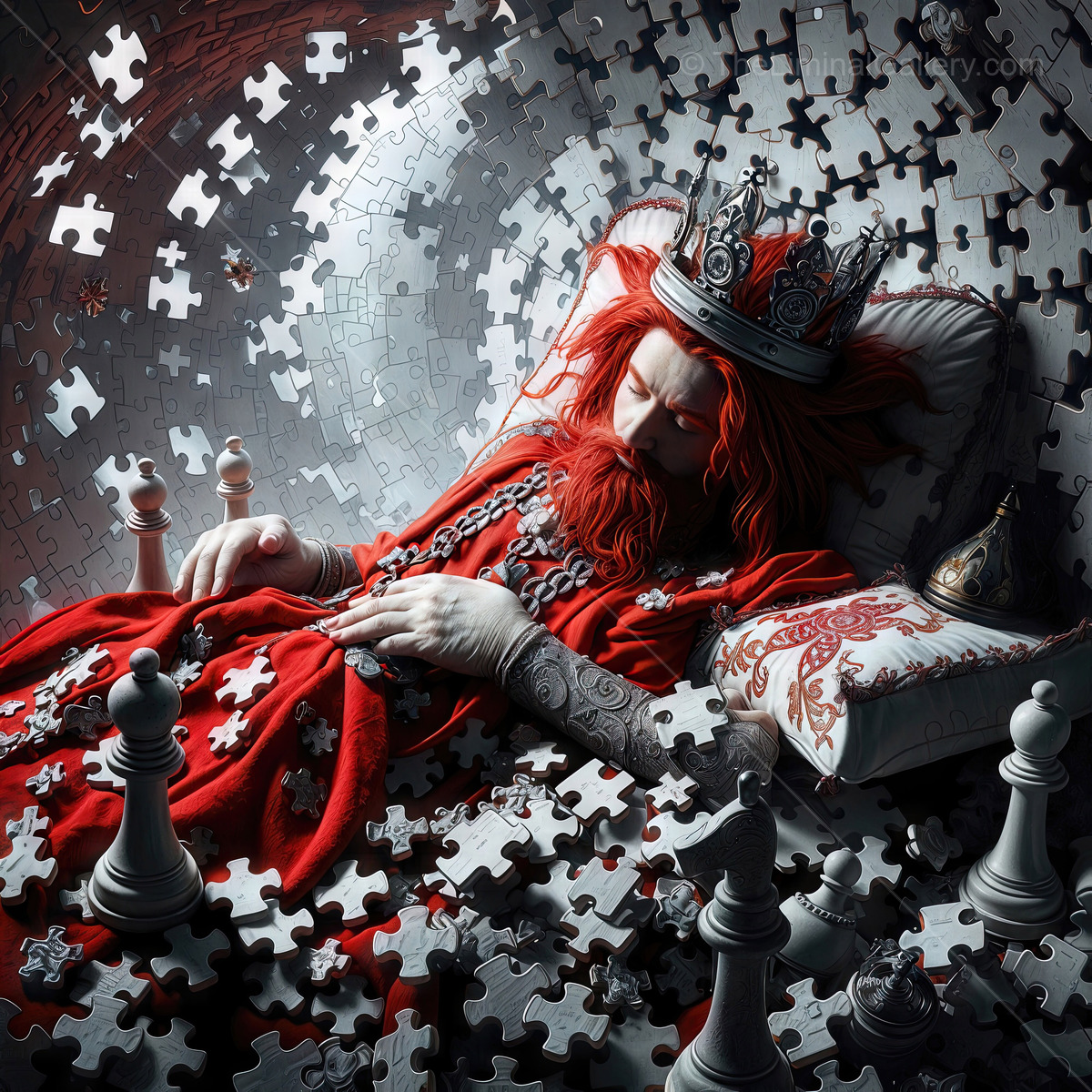 The Red King lost in a dream of shattered puzzles in a surreal, enchanted realm