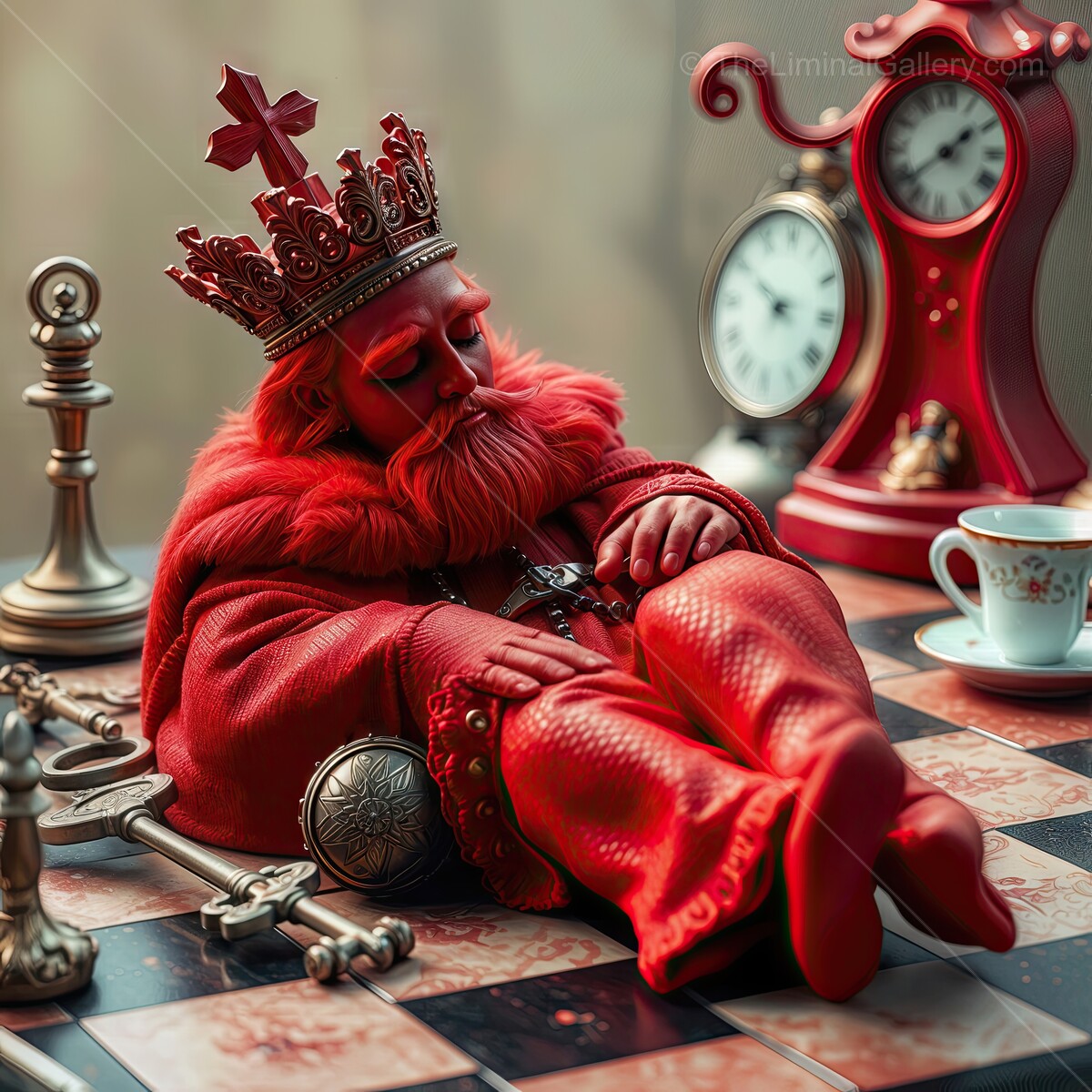 The Red King in striking red lounging amidst timepieces and ornate decor