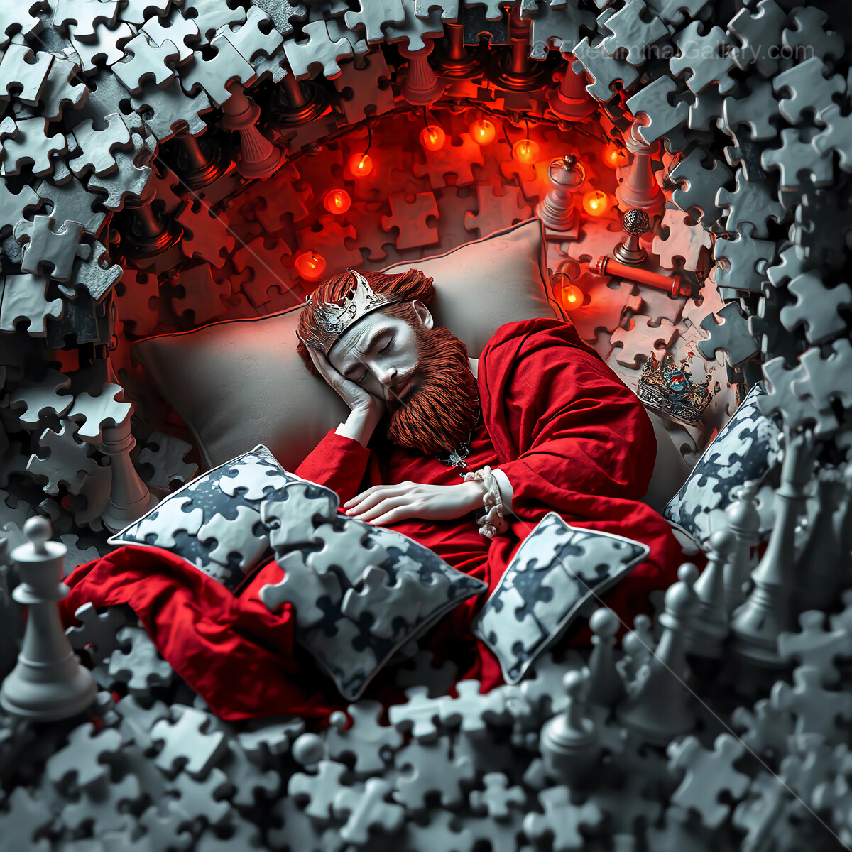 Sleep of The Red King Wrapped in Puzzle Pieces and Warmth