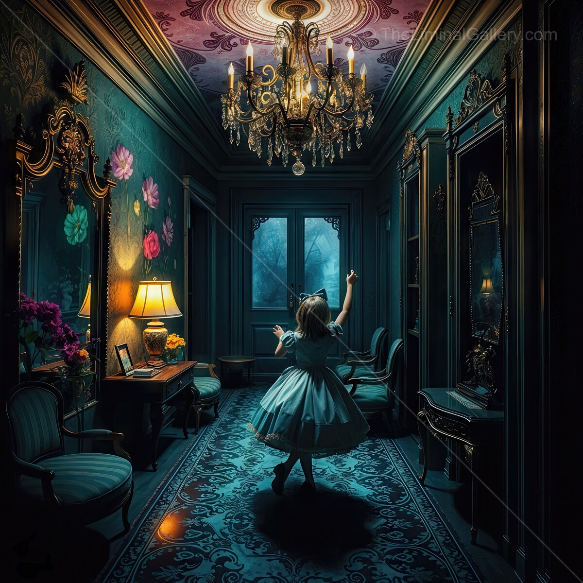 Through the Looking Glass: Little Alice twirls gracefully in an enchanting hallway adorned with vibrant floral patterns