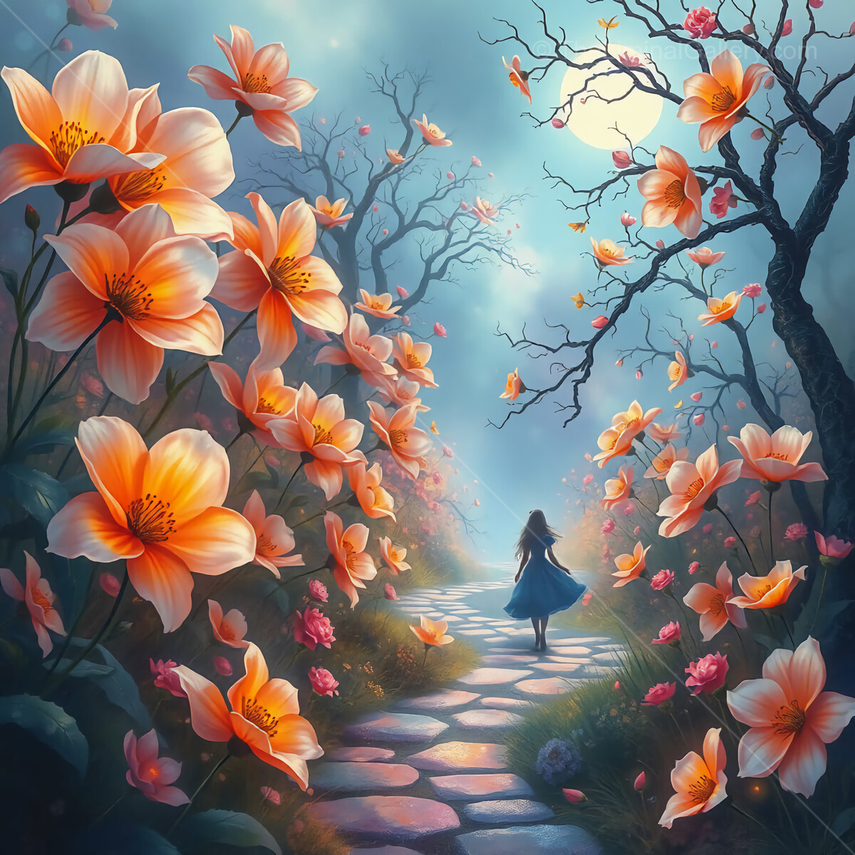 Through the Looking Glass: Enchanting journey through a blossoming pathway under a silvery moonlight