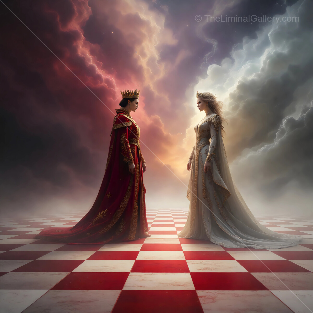 Through the Looking Glass: Red and white queen meet on a dramatic chessboard under a mystical sky at twilight