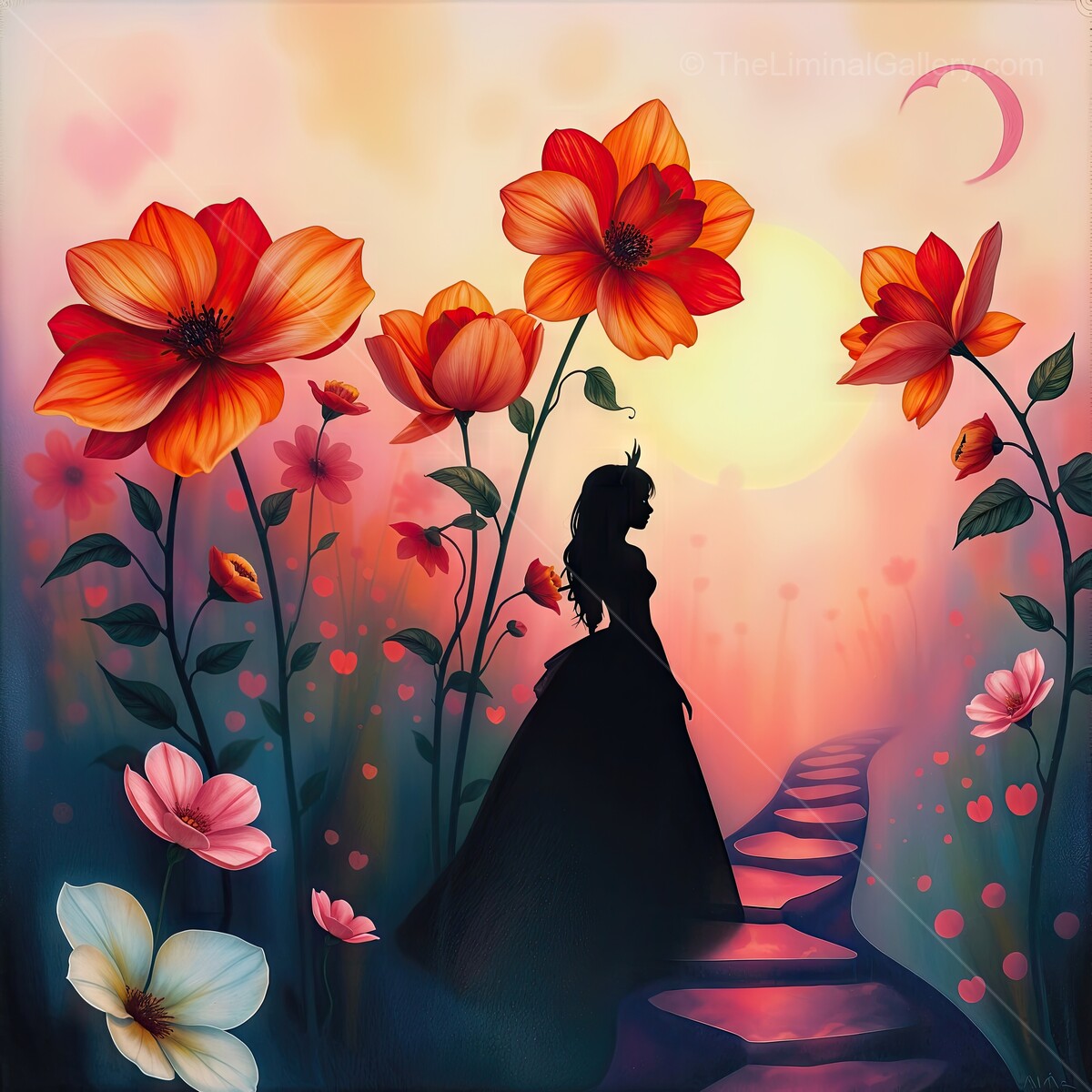 Through the Looking Glass: Dreamy silhouette of Alice surrounded by vibrant flowers at dusk in a magical garden